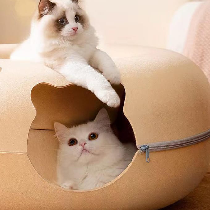 Lit Tunnel pour Chat avec 2 Fenêtres Ventilées Lit pour Chat en Feutre Amovible et Lavable avec Fermeture Éclair Large beige