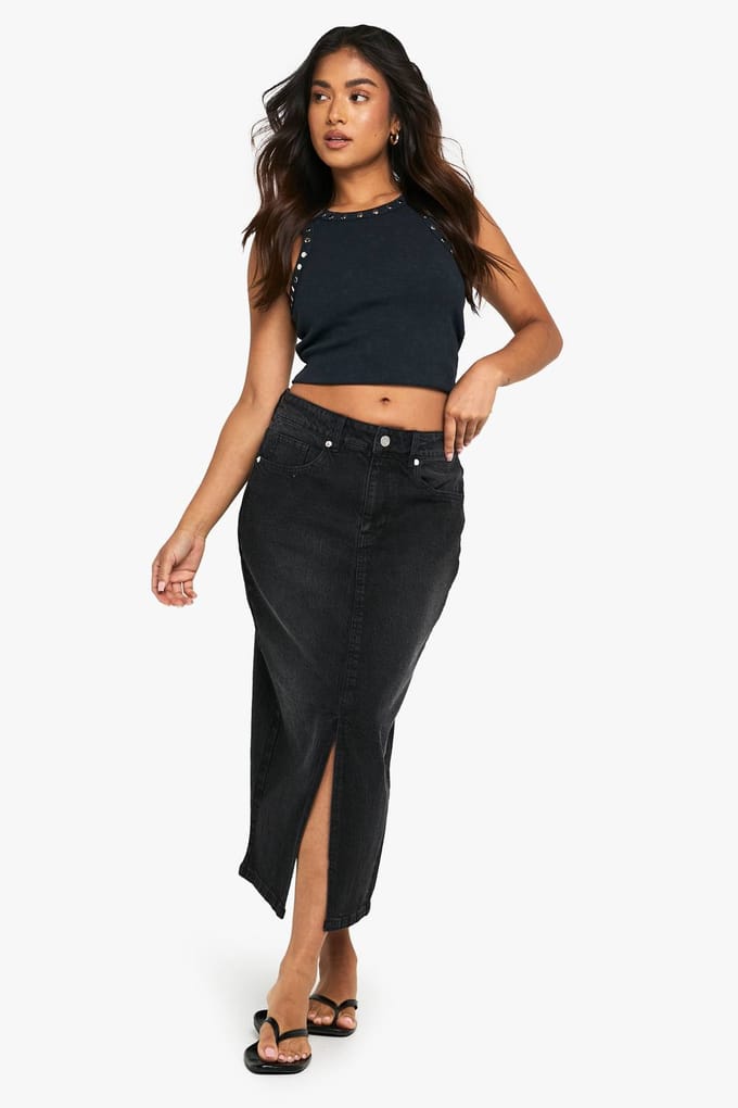 boohoo Dames Petite Denim Midaxi Rok | Washed Black | Maat: 34