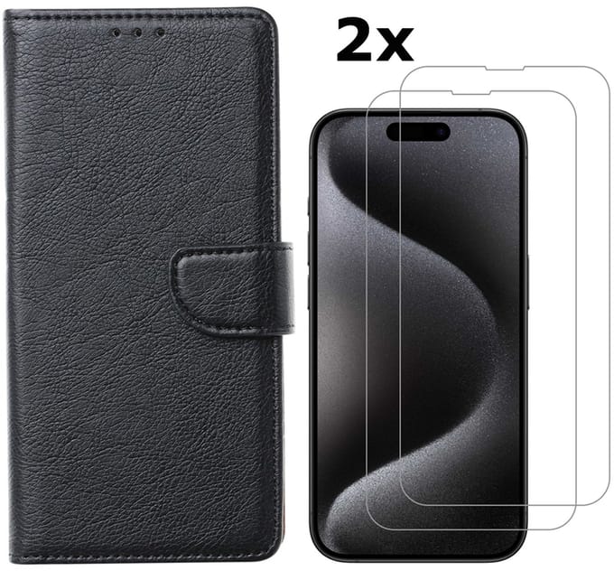Hoesje Geschikt voor iPhone 15 Pro Max hoesje bookcase met 2x screenprotector – Zwart