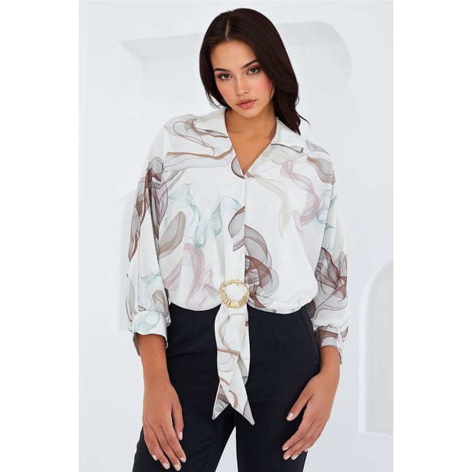 Gedrukte Crop Shirt met Pompom Detail