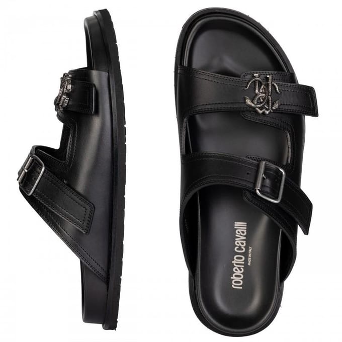 Roberto Cavalli Luxe Heren Leren Slippers Nero - Maat: 44 black