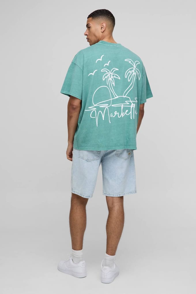 Oversized Extended Neck Line Drawn Marbella Graphic Washed T-Shirt | Green | Size Medium