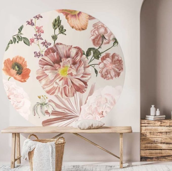 Behangcirkel 60cm Bloemen patroon roze XL - Wallz