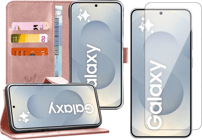 Hoesje geschikt voor Samsung Galaxy S25 Plus - Screenprotector Glas - Portemonnee Book Case Rosegoud