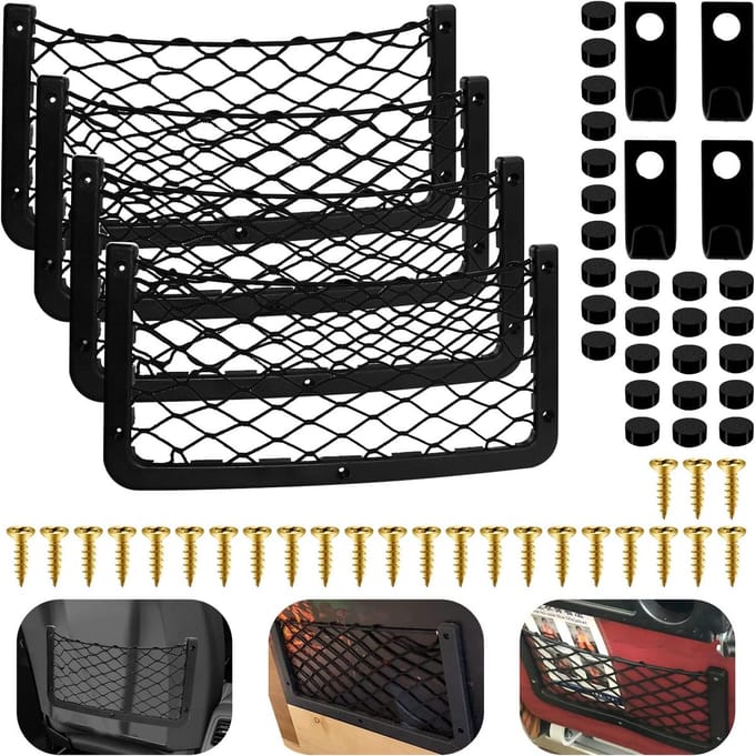 Famanu – Set van 4 elastische opbergnetten voor auto, mesh organizers met haken en schroeven