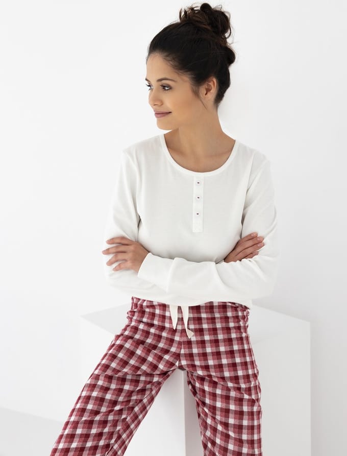 Sensis Warme Dames Pyjama Flanel Interlock Wit Bordeaux Olympia 40 / L