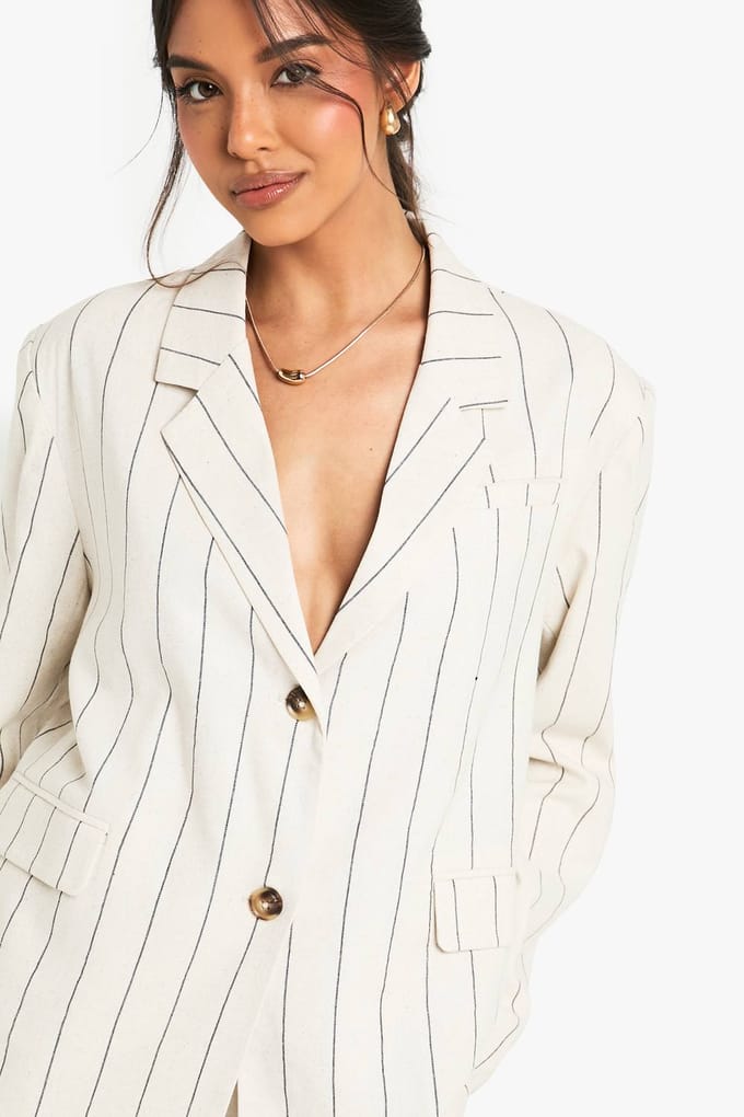 boohoo Dames Op maat gemaakte linnen-look gestreepte oversized blazer | Stone | Maat: 10