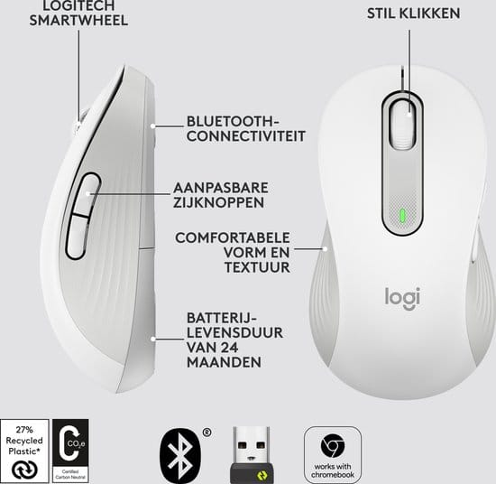 Logitech Signature M650 L Muis Radiografisch, Bluetooth Maat: L Optisch Wit 5 Toetsen 4000 dpi