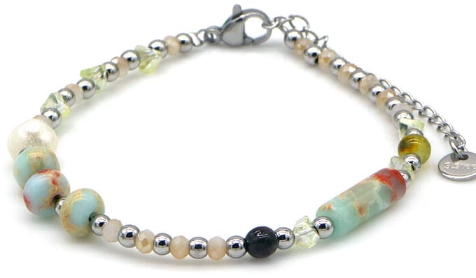 Armband - RVS - glaskralen en stenen - zilverkleurig - 16-21 cm - dames