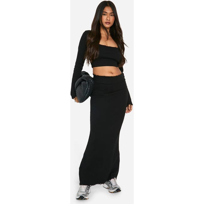 boohoo Dames Geribbelde maxi-rok met versleten zoom | Black | Maat: 10