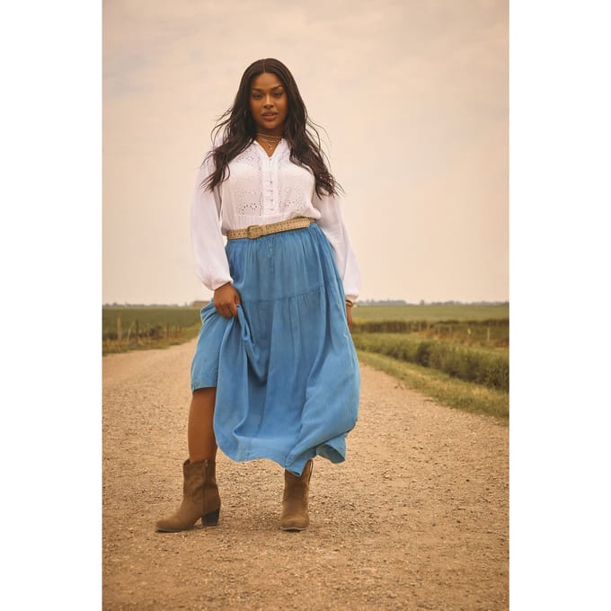 Yours Chambray Midi Rok Met Lagen In Blauw Size 48