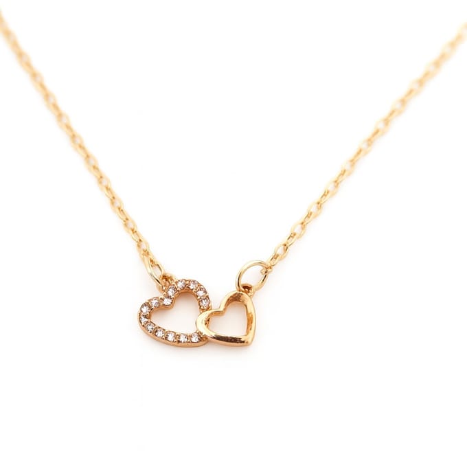 Goudkleurige kettinkje - dames collier - dubbel hartje -strass - 45-49 cm - double hearts