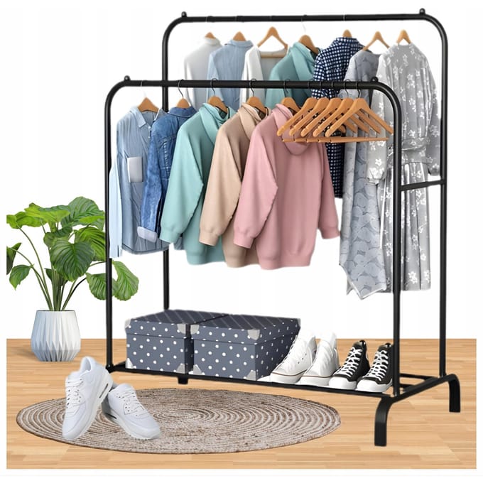 Kledingrek Schoenen Dubbele Kapstok Metaal Loft Zwart Met Plank 145Cm