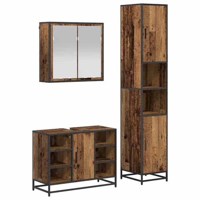vidaXL - Badkamermeubel - Set - 3 - st - Oud - Hout - 80 - x - 33 - x - 60 - cm - Bewerkt - hout