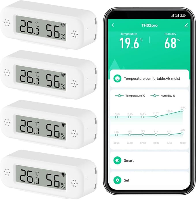 Slimme Digitale Thermometer - Vochtigheidssensor - Binnenklimaat Monitoren - App Meldingen - 4 Stuks - Wit