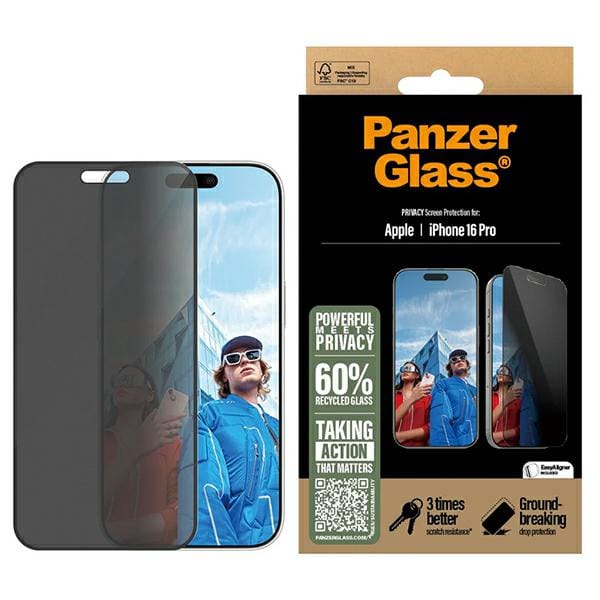 PanzerGlass Screenprotector geschikt voor Apple iPhone 16 Pro Glazen | PanzerGlass Ultra-Wide Fit Privacy Screenprotector Privacy - Case Friendly - Zwart