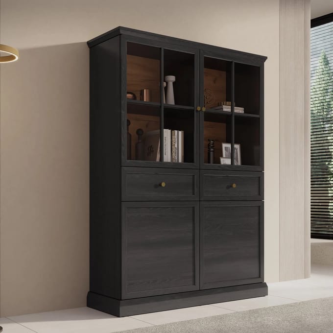 Meubella - Vitrinekast Leroy - Zwart eiken - 114 cm