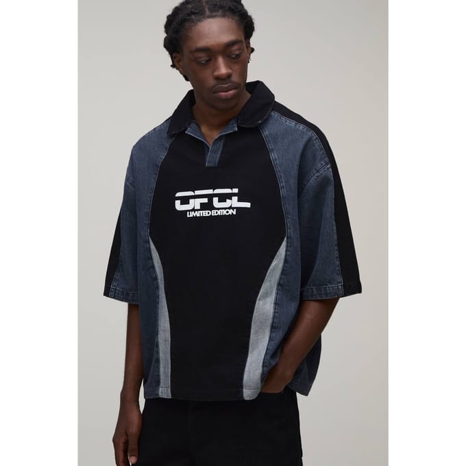 Panelled OFCL Embroidered Denim Football Shirt | Washed Black | Size Medium