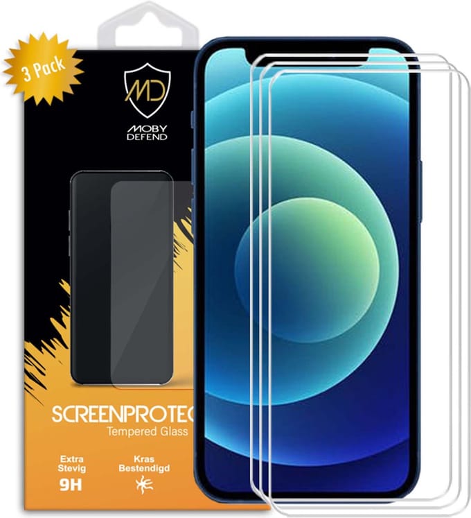 3-Pack MobyDefend Screenprotectors - Geschikt voor iPhone 12 / iPhone 12 Pro - Case-Friendly Screensavers - Gehard Glas