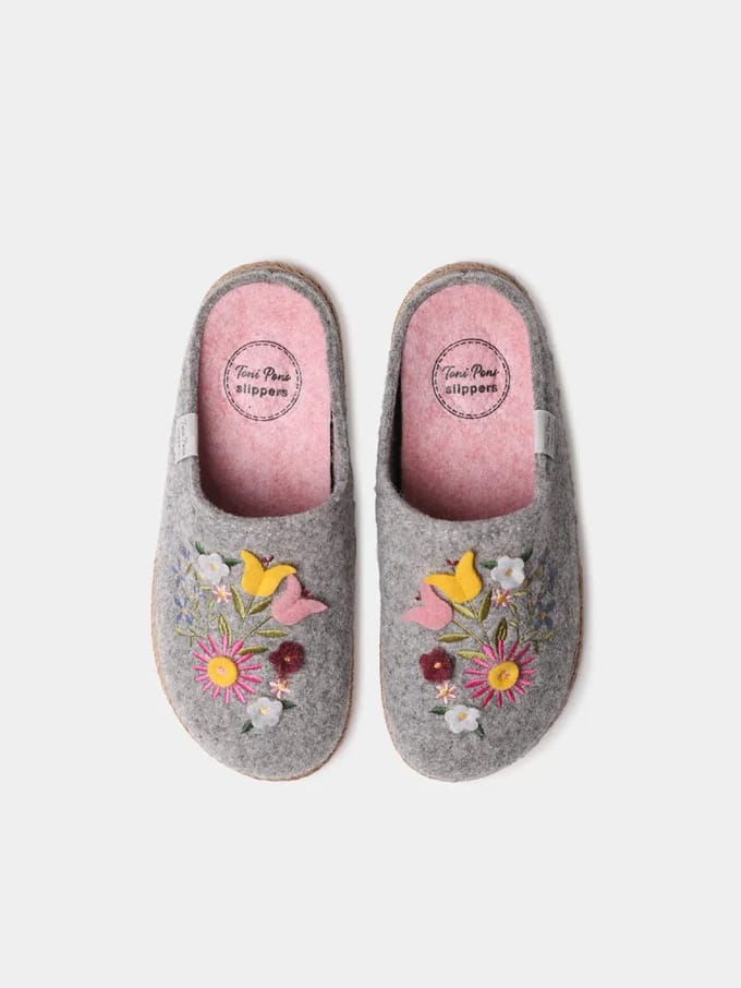 Damesslippers van vilt met bloemen | DELI-EF