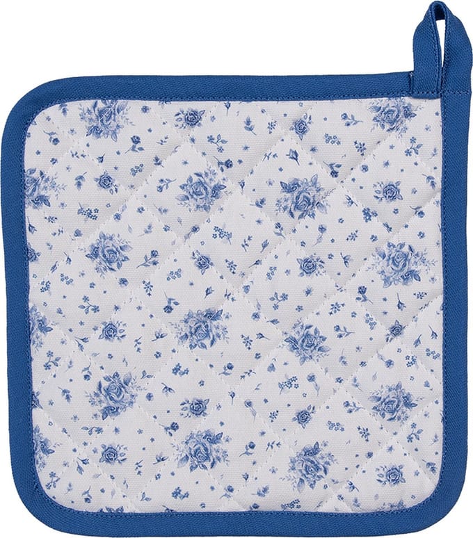 Clayre & Eef Pannenlap 20x20 cm Wit Blauw Katoen Roosjes