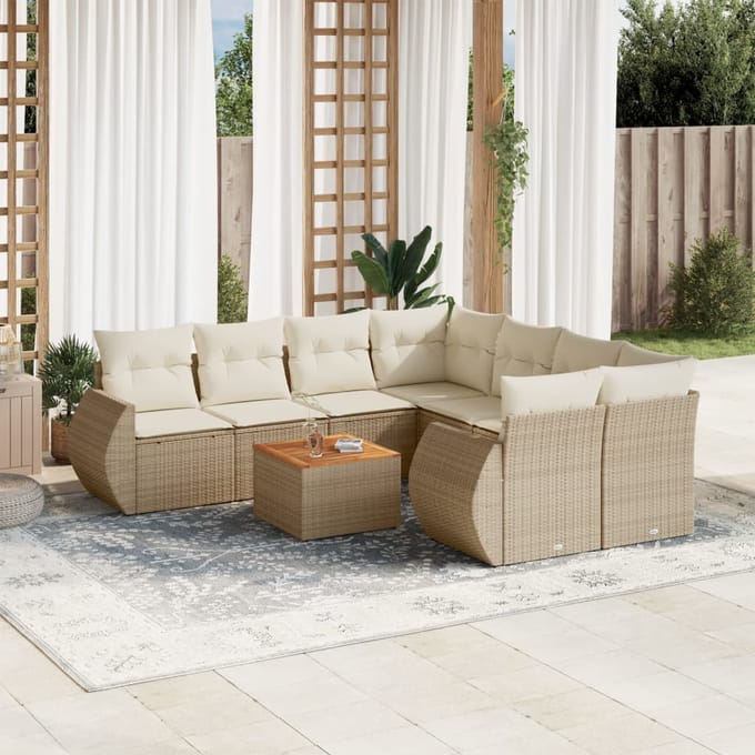 vidaXL - 9-delige - Loungeset - met - kussens - poly - rattan - beige