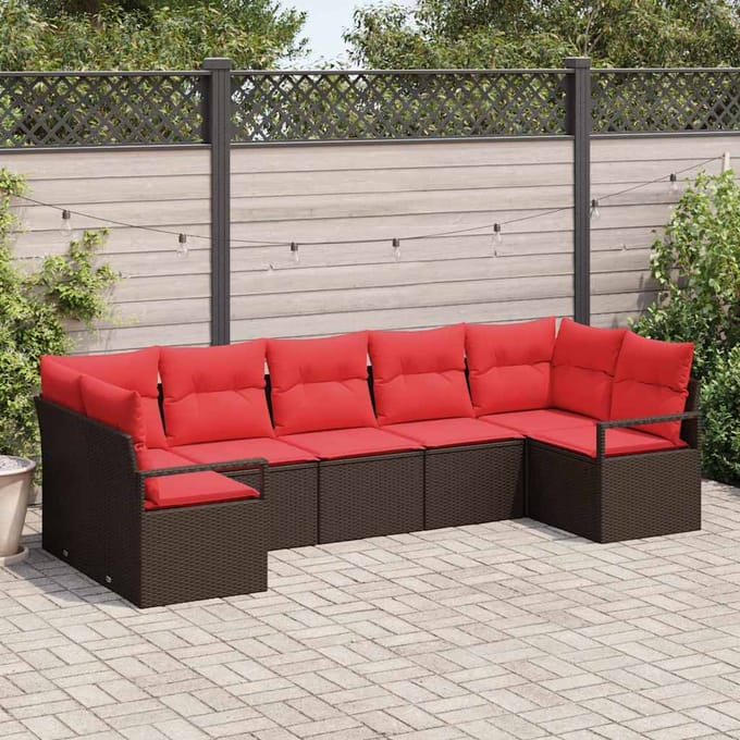 vidaXL - Tuinbank - Set - 7 - st - Bruin - en - Rood - poly - rattan