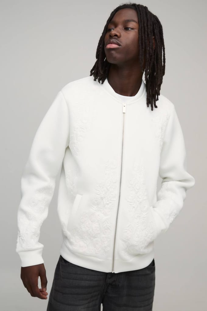 Regular Fit Floral Embroidered Scuba Bomber Jacket | Ecru | Size Medium