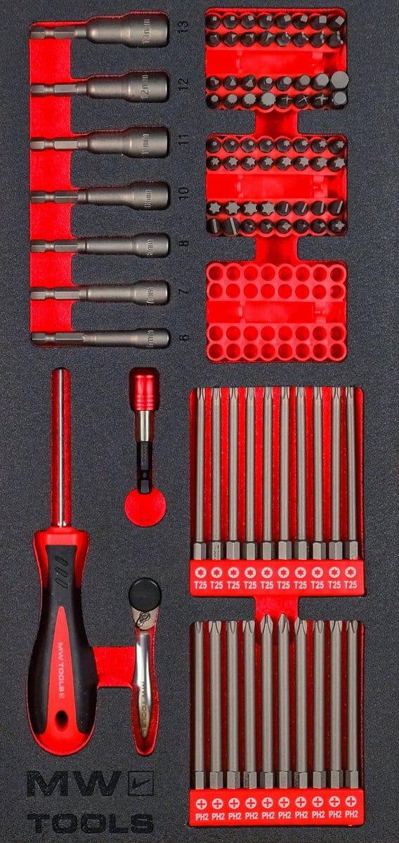 Bitsset ¼” foam tray Torx- Plat- PH- PZ- ROB- Wing- HEX- Spline 94 delige MW Tools MWBIT94