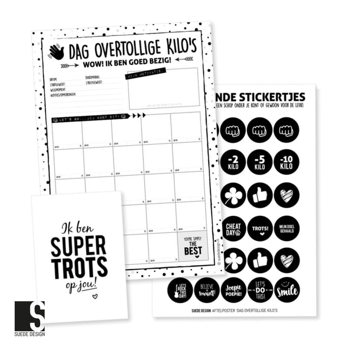 Aftelposter A4 | Dag overtollige kilo's! | Suede design gewichtsverlieskalender