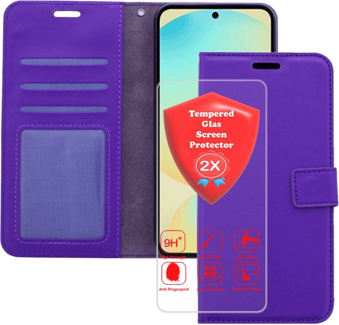 Bookcase Geschikt voor: Samsung Galaxy S25 Plus Paars - Portemonnee hoesje met 2x Glas Screen protector - Book Cover