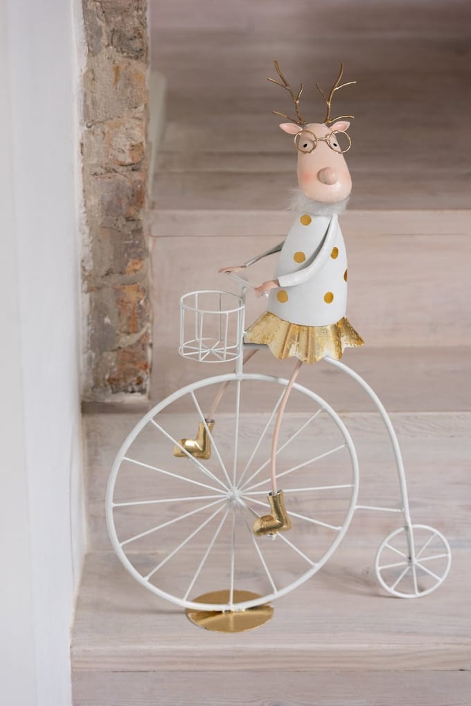 J-Line decoratie Rendier Bike - ijzer - goud/wit - 2 stuks