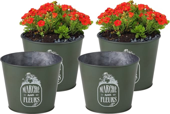 Sunnydays /plantenpot/bloempot - 4x - zink - legergroen - D17 x H14 cm