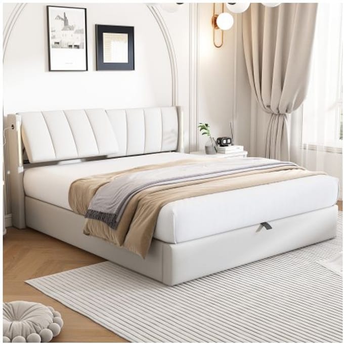 Gestoffeerd bed - MUVOE - Binauraal - 140 x 200 cm - LED - Verstelbaar hoofdeinde wit