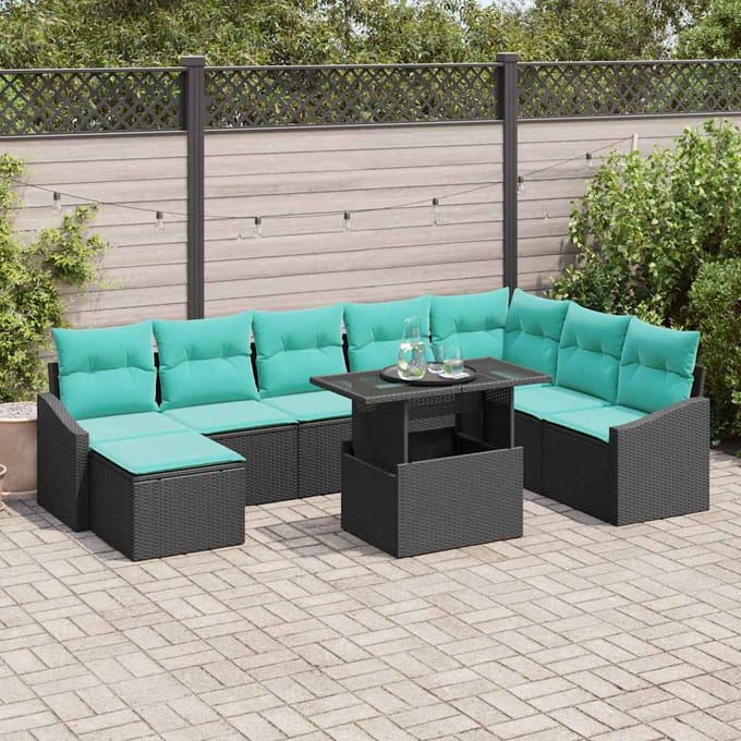 vidaXL - Bankstel - 9 - st - Zwart - en - Blauw - poly - rattan