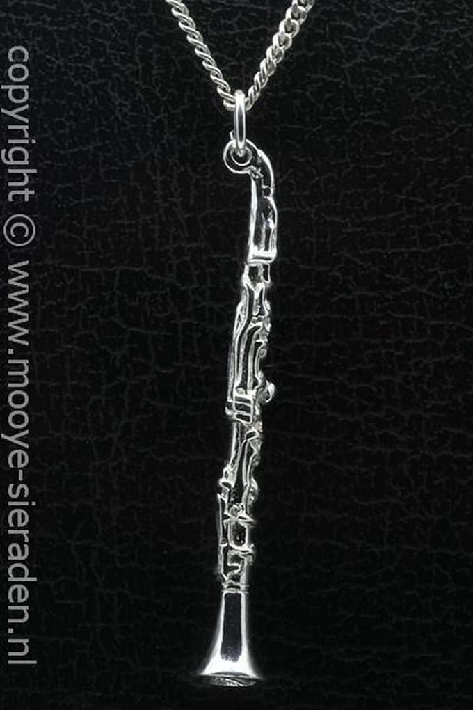 Zilveren Klarinet groot ketting hanger