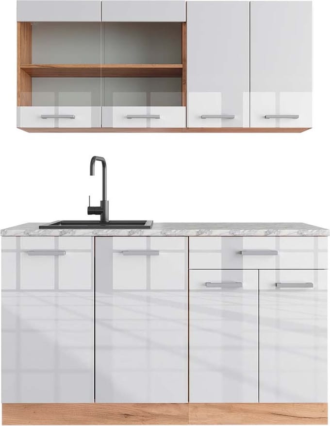 Vicco R-Line Eenpersoonskeuken – 140 cm, WB Marmer Wit hoogglans/goud power eiken