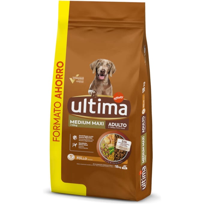 6 kg + 1 kg /6 kg +1.5 kg / 10 kg + 2 kg of 15 kg + 3 kg gratis Ultima droogvoer voor honden - Medium / Maxi Adult Kip & Rijst 18 kg