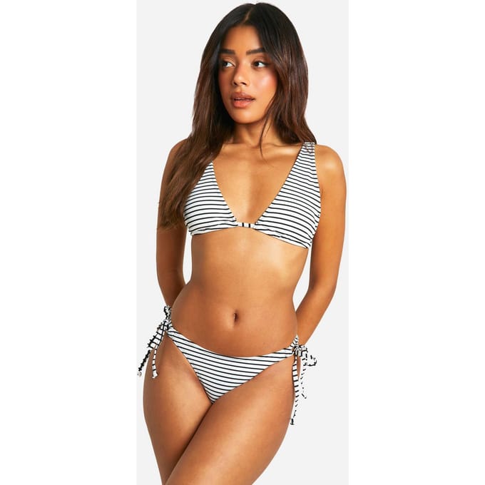 boohoo Dames Mono Streep Rib Tie Zijkant Bikini Slip | Wit | Maat: 44