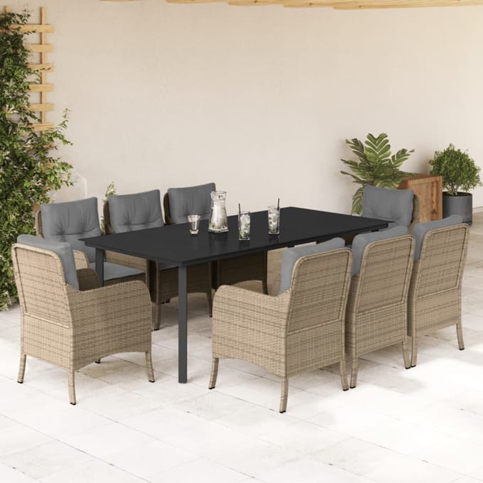 vidaXL - 9-delige - Tuinset - met - kussens - poly - rattan - beige
