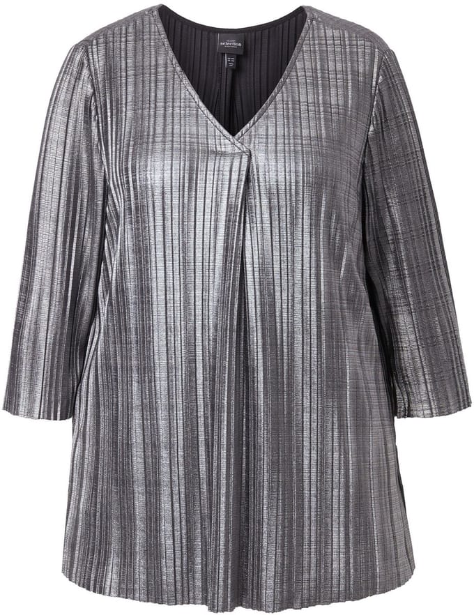 Ulla Popken - Dames - Plissé-blouse A-lijn V-hals 3/4-mouwen - Zilver - Maat 42+