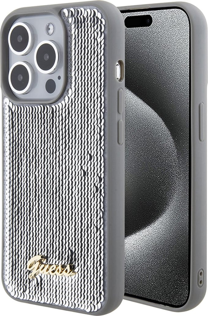Hoesje geschikt voor Apple iPhone 15 Pro Max - Guess Sequin Script Metal Back Cover - Zilver