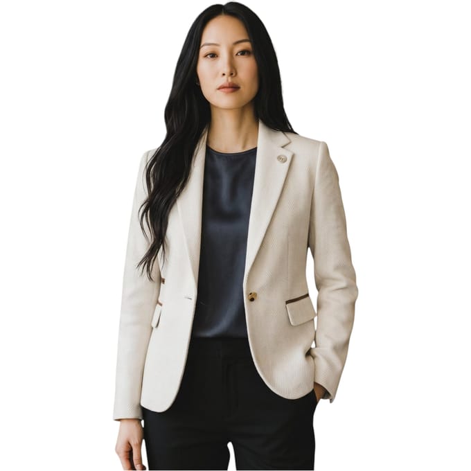 Dames crèmekleurige wollen tweed visgraat-ruitje blazer - WS-1