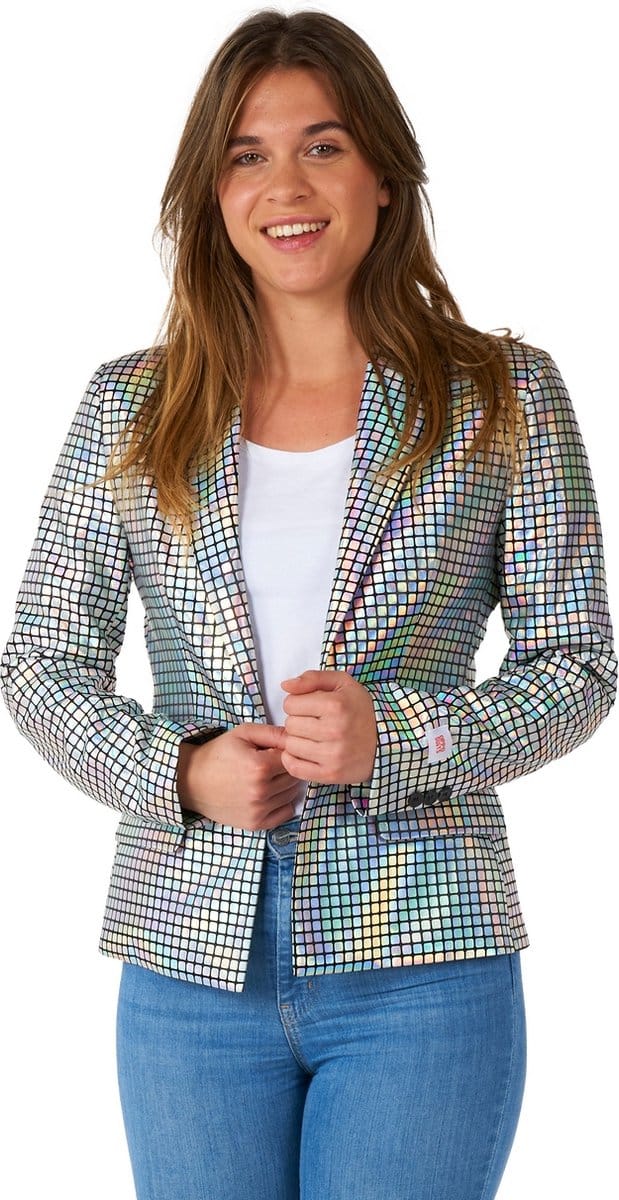 OppoSuits Discoballer - Dames Blazer - Glimmend Disco Bal Colbert - Carnavalskleding - Zilver - Maat: EU 46