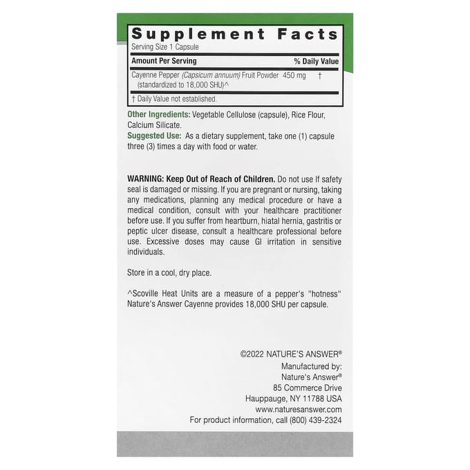 Nature'S Answer, Cayenne, Plantaardige Capsules, 90 Capsules (450 mg per capsule)