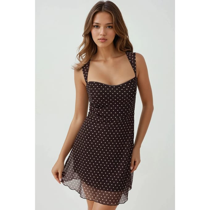Polkadot Mouwloze Mini Tule Jurk met Vierkante Halslijn