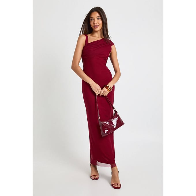 boohoo Dames Maxi-jurk met mesh-draperie op de schouders | Burgundy | Maat: 16