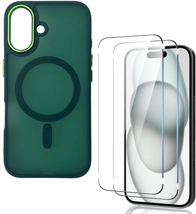 Matte magnetische hoes Geschikt voor: iPhone 16 Plus - Compatibel met MagSafe + 2x Screenprotector - Matte achterkant - Groen
