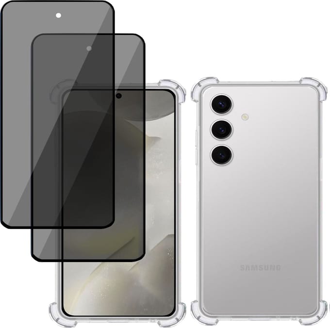Hoesje + 2x Privé Screenprotector geschikt voor Samsung Galaxy S24 Plus – Privacy Tempered Glass - Case Transparant