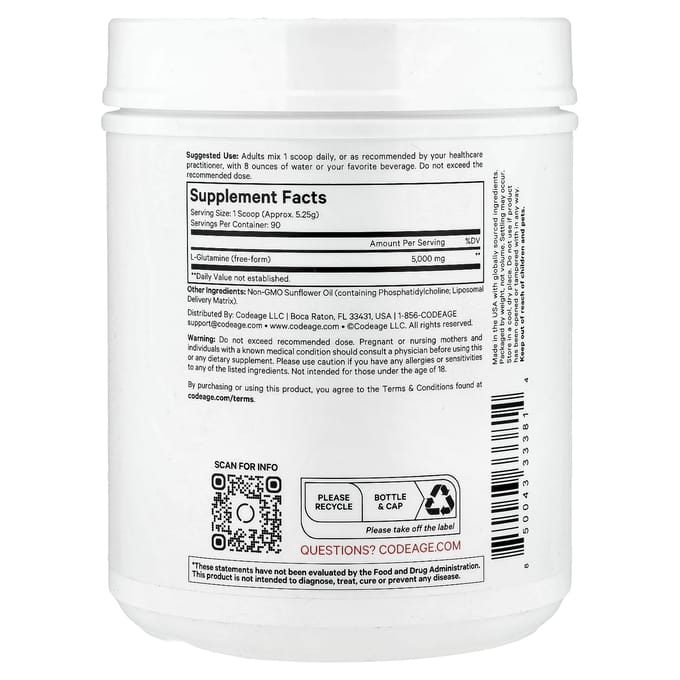 Codeage, poudre de l-glutamine liposomale+, acide aminé libre, absorption améliorée, sans goût, 5 000 mg, 472,5 g (1 livre)